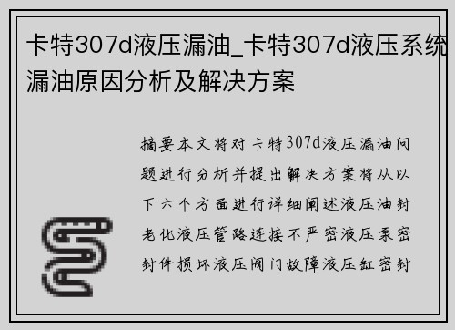 卡特307d液压漏油_卡特307d液压系统漏油原因分析及解决方案